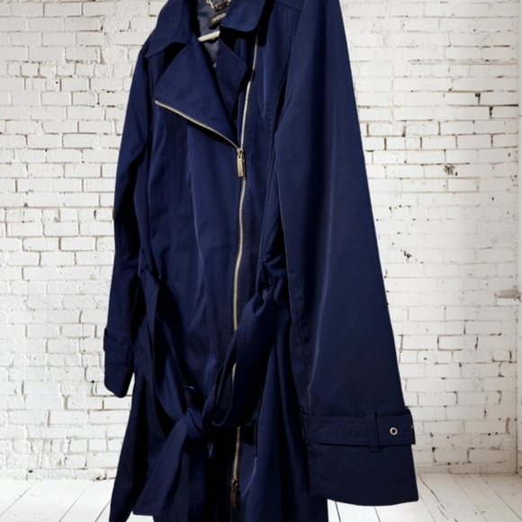 T.M. Lewin Black Trench Coat Asymmetrical Zip Belted Long Sleeve Very Rare S/O - Picture 11 of 12